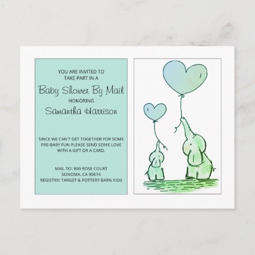 Baby Shower By Mail Mom Baby Elephants Blue Green Invitation Postcard