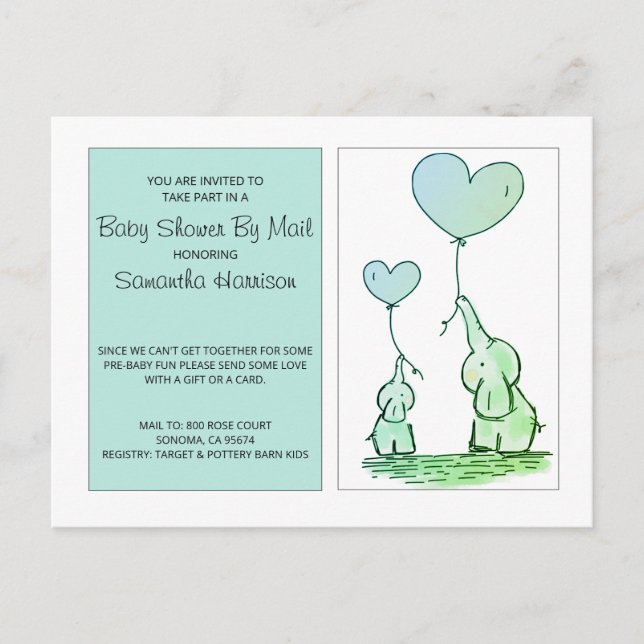 Baby Shower By Mail Mom Baby Elephants Blue Green Invitation Postcard (Front)