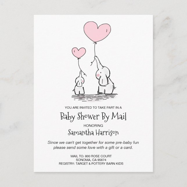 Baby Shower By Mail Mom & Baby Elephants Invitation Postcard (Front)