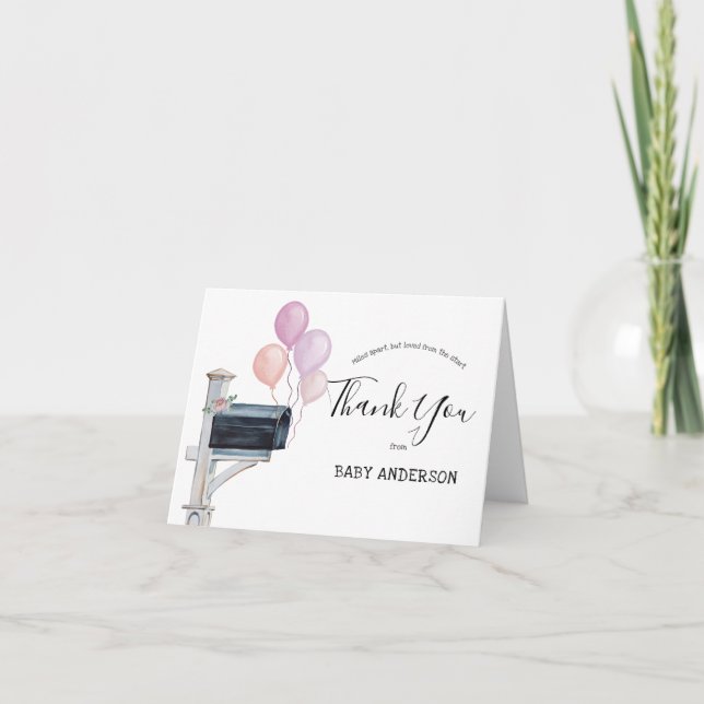 Baby Shower by Mail Pink Balloons Thank You Note Card (Front)