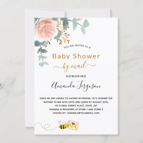 Baby Shower by mail pink floral greenery cute bee Invitation