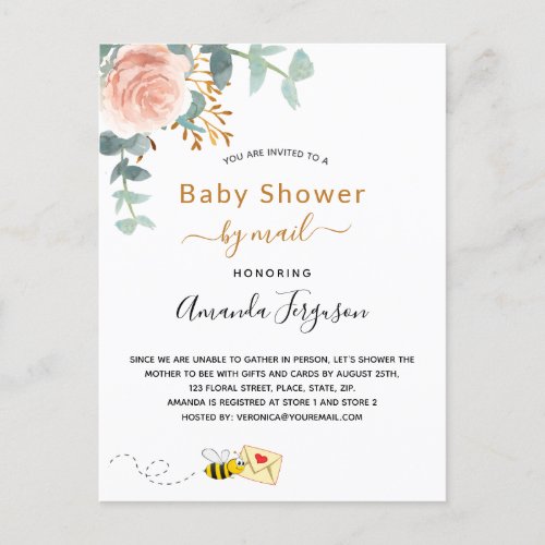 Baby Shower by mail pink floral greenery cute bee Postcard