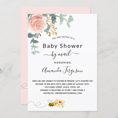 Baby Shower by mail pink floral rose gold cute bee Invitation