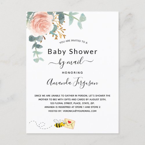 Baby Shower by mail pink floral rose gold cute bee Postcard