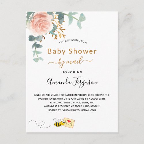 Baby Shower by mail pink rose gold floral cute bee Postcard