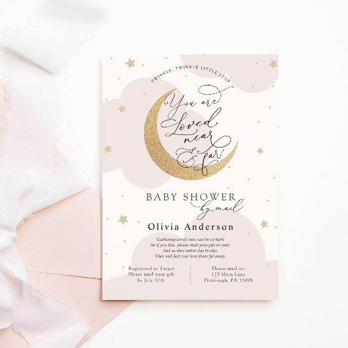 Baby Shower by Mail Pink Twinkle Star and Moon Invitation