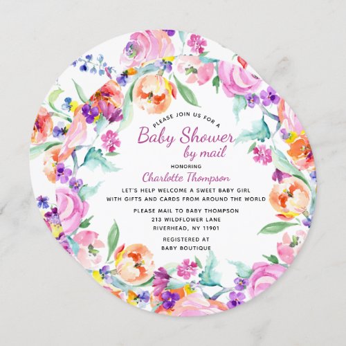 Baby Shower By Mail Pink Watercolor Floral Invitation