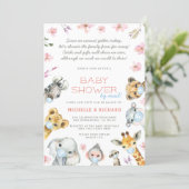 Baby Shower By Mail Safari Animals Pink Floral Invitation (Standing Front)