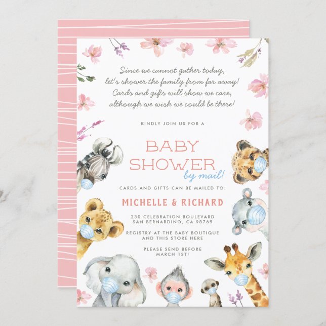 Baby Shower By Mail Safari Animals Pink Floral Invitation (Front/Back)