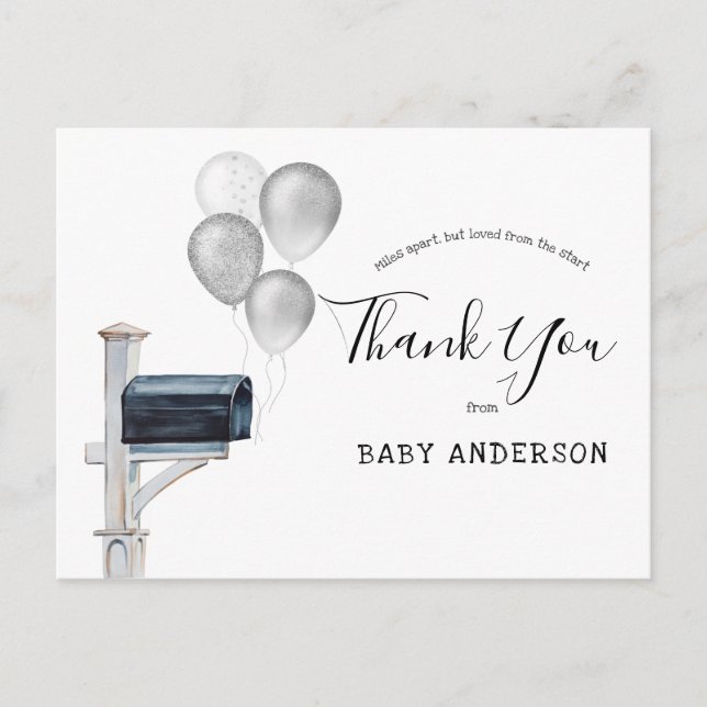 Baby Shower by Mail Silver Balloons Thank You Postcard (Front)