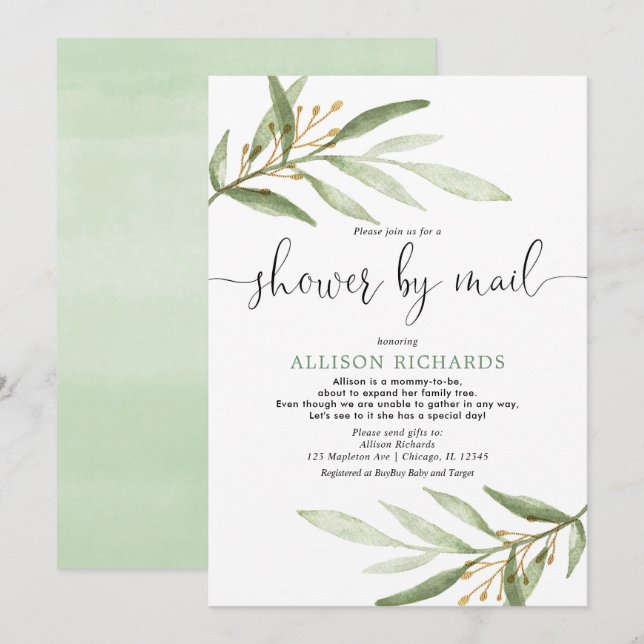 Baby shower by mail simple greenery gender neutral invitation (Front/Back)
