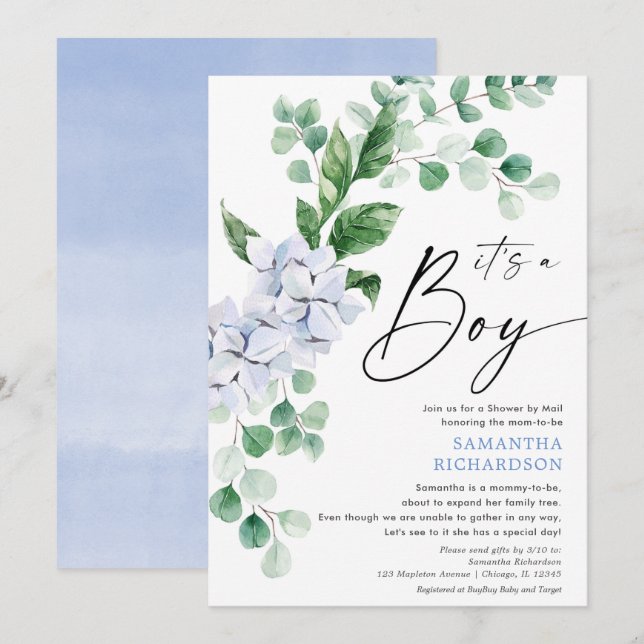 Baby Shower by Mail spring floral blue greenery Invitation (Front/Back)