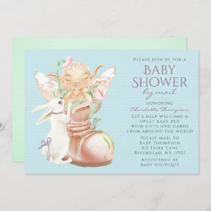 Baby Shower By Mail Watercolor Boy Fairy Rabbit Invitation