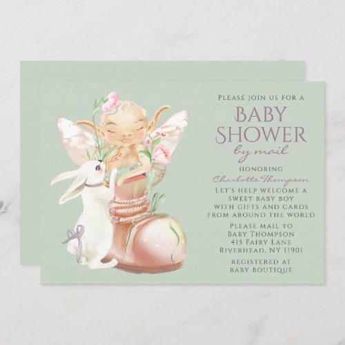 Baby Shower By Mail Watercolor Boy Fairy Rabbit Invitation