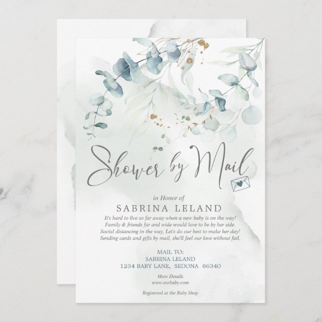 Baby Shower by Mail Watercolor Eucalyptus Greenery Invitation (Front/Back)