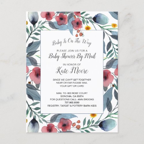 Baby Shower By Mail Watercolor Floral And Leaves Invitation Postcard