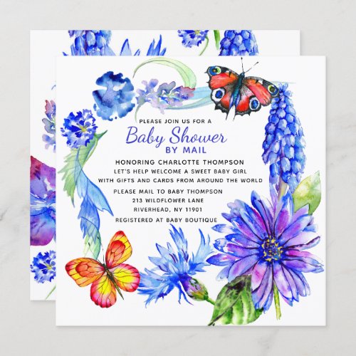 Baby Shower By Mail Watercolor Purple Blue Floral Invitation