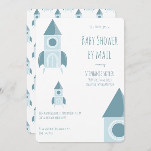 Baby Shower By Mail White Blue Rocket Ship Invitation