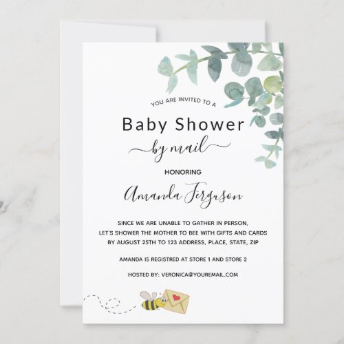 Baby Shower by mail white eucalyptus greenery bee Invitation