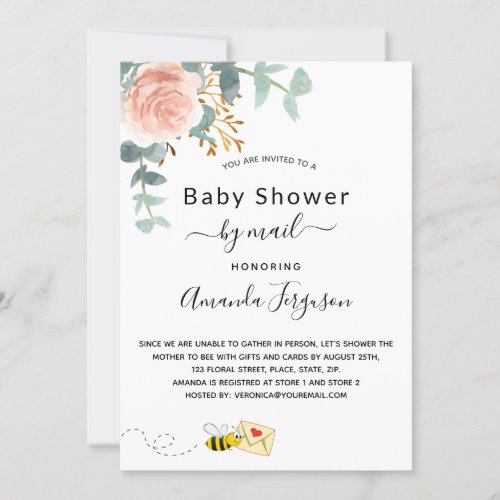Baby Shower by mail white pink floral greenery bee Invitation