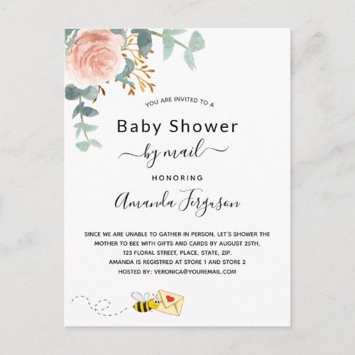 Baby Shower by mail white pink floral greenery bee Postcard