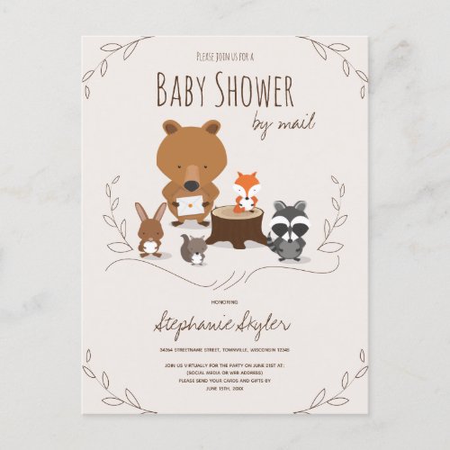 Baby Shower by Mail Woodland Animal Brown Invitation Postcard