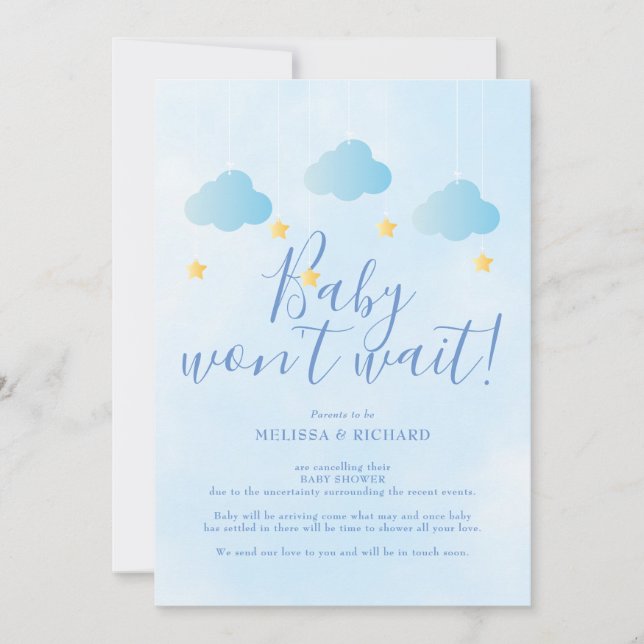 Baby Shower Cancellation Blue Shower by Mail Invitation (Front)