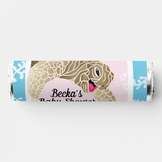 Baby Shower Candy Roll of Mints Pink Sea Turtle (Front)