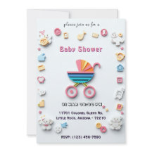 Baby Shower Card with Stroller and Cute Icons