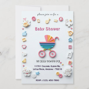 Baby Shower Card with Stroller and Cute Icons