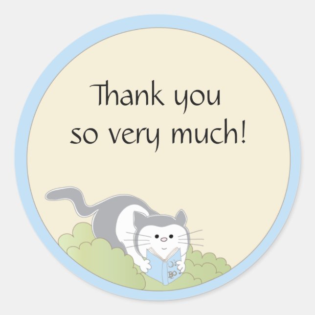 Baby Shower "Cat/Blue/Book" Stickers 1 1/2" or 3" (Front)