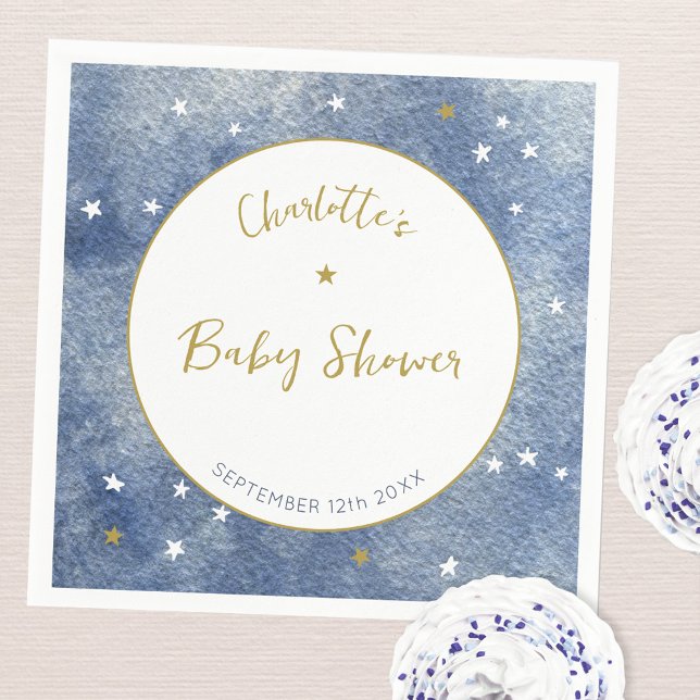 Baby Shower Celestial Star Watercolor Personalized Napkins (Watercolor star navy blue gold and white personalized baby shower party paper napkins)
