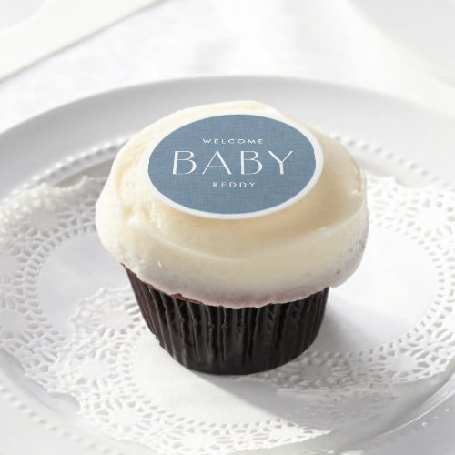 Baby shower chambray blue cute simple personalized edible frosting rounds