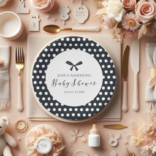 Baby Shower Charming Black Polka Dot Bow Paper Plates (Creator Uploaded)