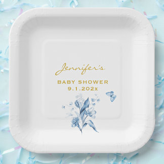 Baby Shower Charming Monochrome Blue Floral Paper Plates