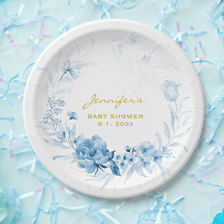 Baby Shower Charming Monochrome Blue Florals Paper Plates