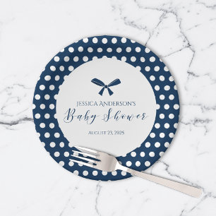 Baby Shower Charming Navy Blue Polka Dot Bow Paper Plates