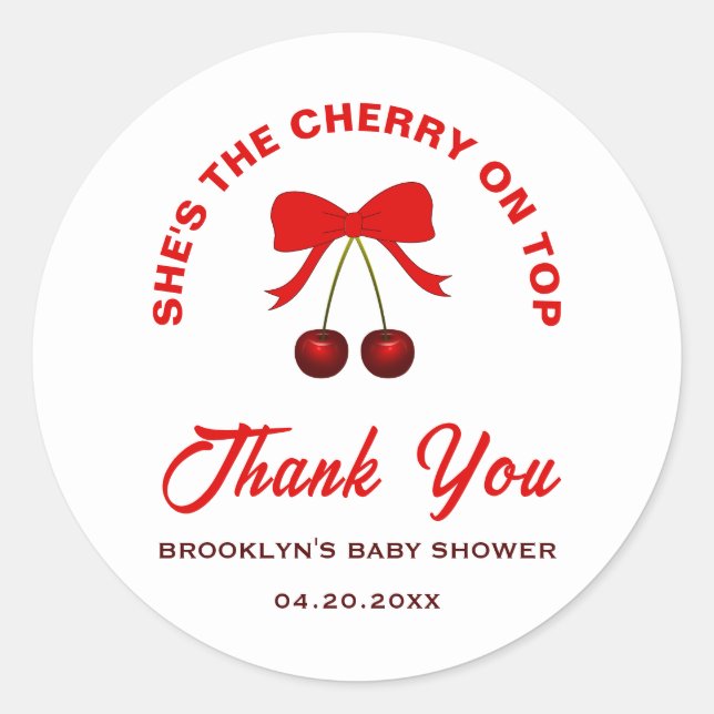 Baby Shower Cherry On Top Red Coquette Bow Girl Classic Round Sticker (Front)