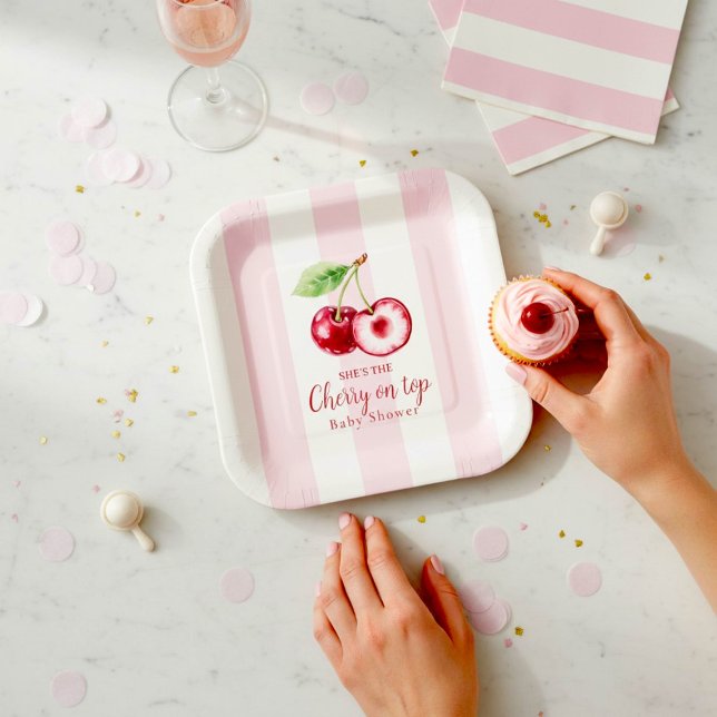 Baby Shower Cherry Theme Pink Watercolor Paper Plates (Creator Uploaded)