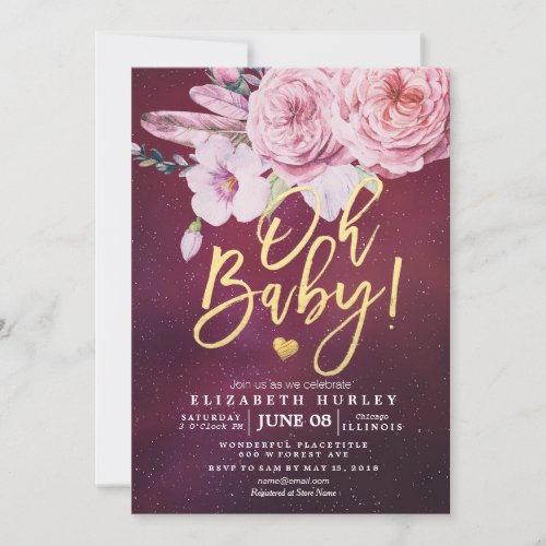 Baby Shower Chic Boho Floral Feathers Burgundy Red Invitation