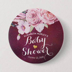 Baby Shower Chic Boho Floral Feathers Burgundy Red Pinback Button