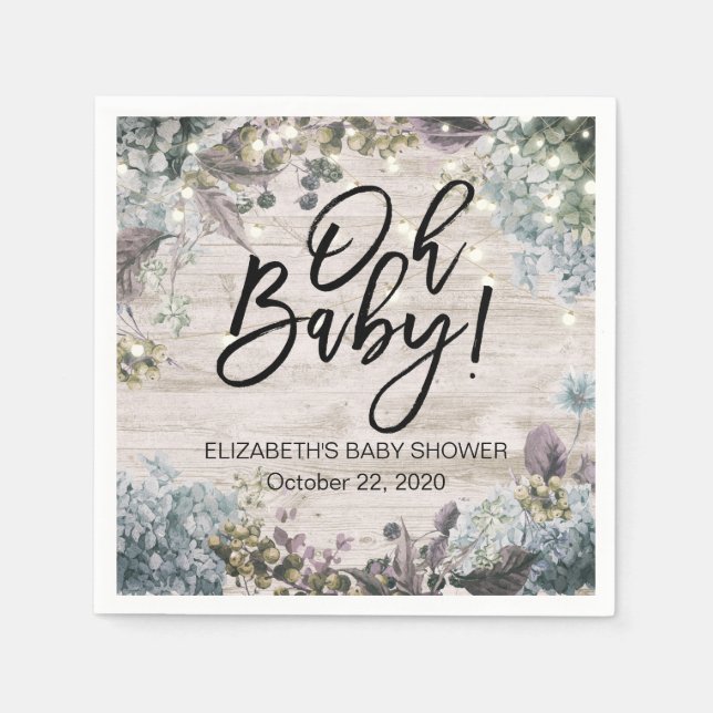 Baby Shower Chic Floral String Lights Rustic Wood Paper Napkins (Front)