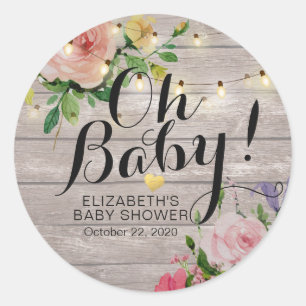 Baby Shower Chic Flowers Rustic Wood String Lights Classic Round Sticker