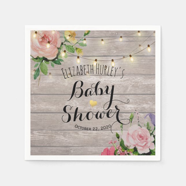 Baby Shower Chic Flowers Rustic Wood String Lights Napkins (Front)