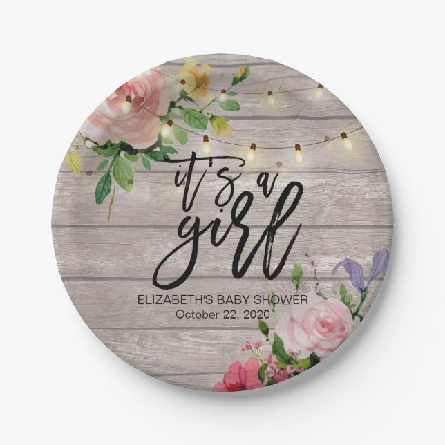 Baby Shower Chic Flowers Rustic Wood String Lights Paper Plates (Front)
