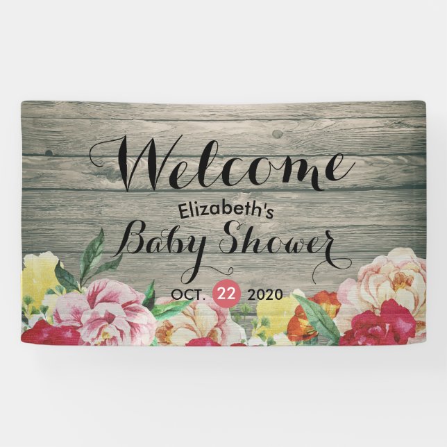 Baby Shower Chic Flowers String Lights Rustic Wood Banner (Horizontal)