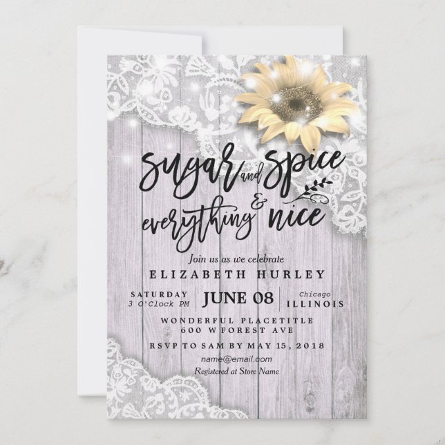 Baby Shower Chic Lace Sunflower Wood String Lights Invitation (Front)