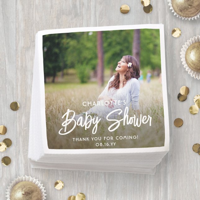 Baby Shower Chic Modern Script Typography & Photo Napkins (Creator Uploaded)