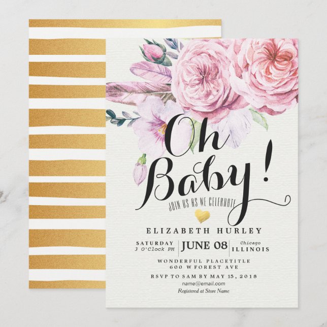Baby Shower Chic Watercolor Boho Floral Feather Invitation (Front/Back)