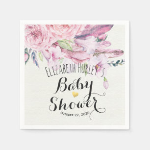 Baby Shower Chic Watercolor Boho Floral Feather Napkins